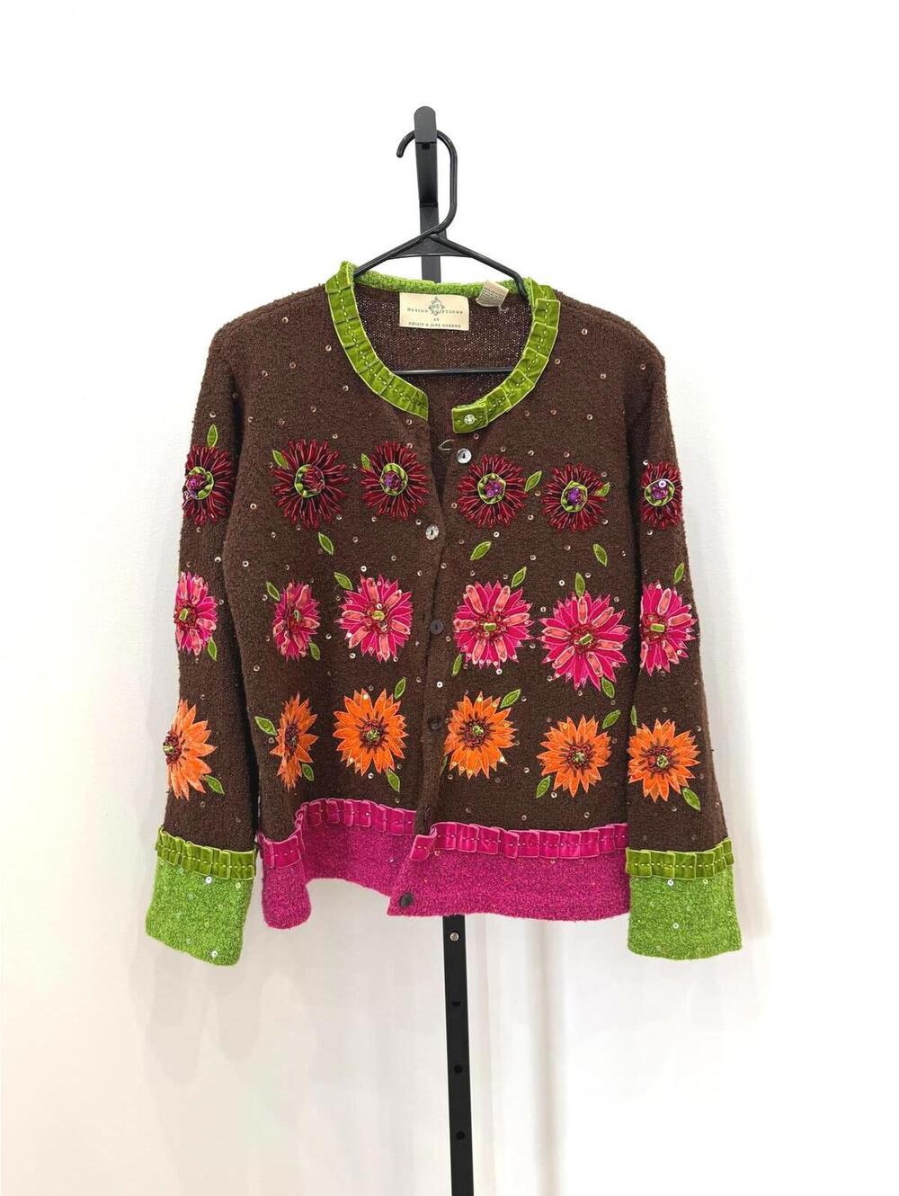 Design Options by Philip & Jane Gordon L Wool Brown Floral Cardigan Sweater